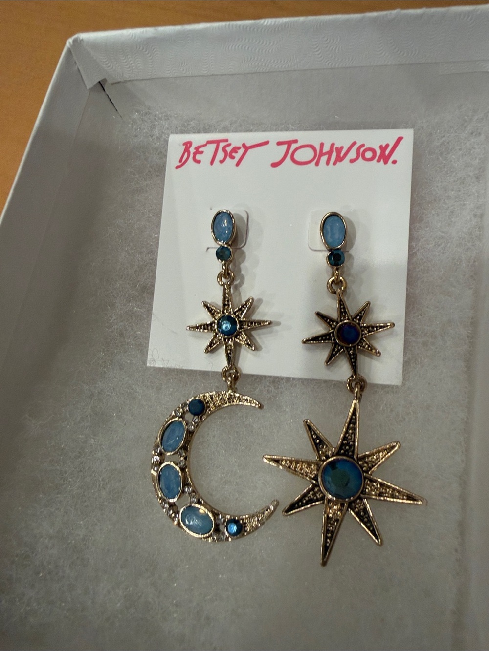 Betsey Johnson Gold-Tone Celestial Moon & Star Drop Earrings with Blue Accents